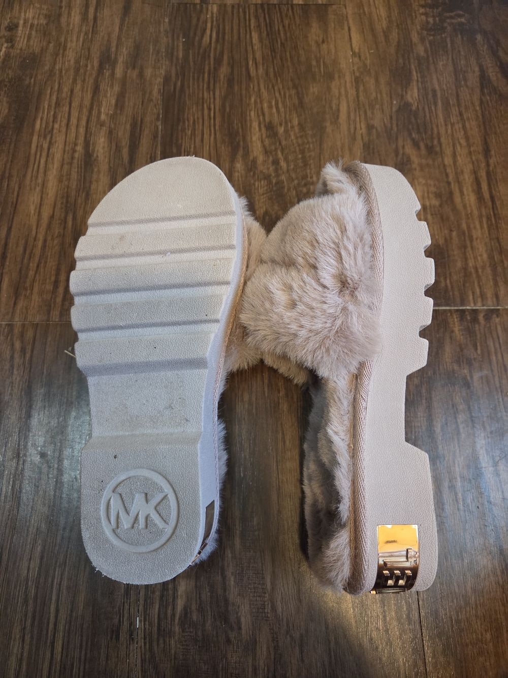 Michael Kors Blush Faux-Fur Platform Slide with Gold Logo Accent